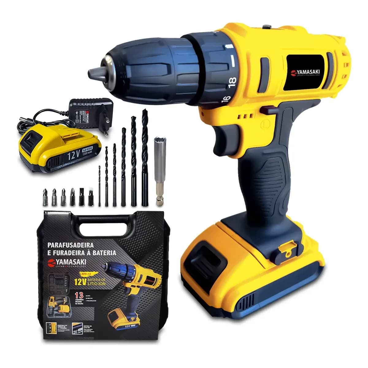 Parafusadeira E Furadeira 12v À Bateria + Maleta Acessórios Amarelo 12v 60 Hz