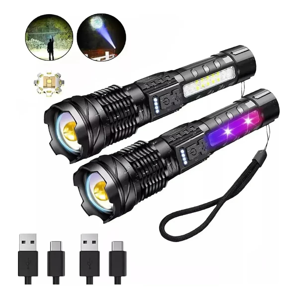publi | Kit Com 2 Lanternas Táticas CTARTIK LED XHP50 de 5000 Lumens para Camping e Caça Com Zoom e USB