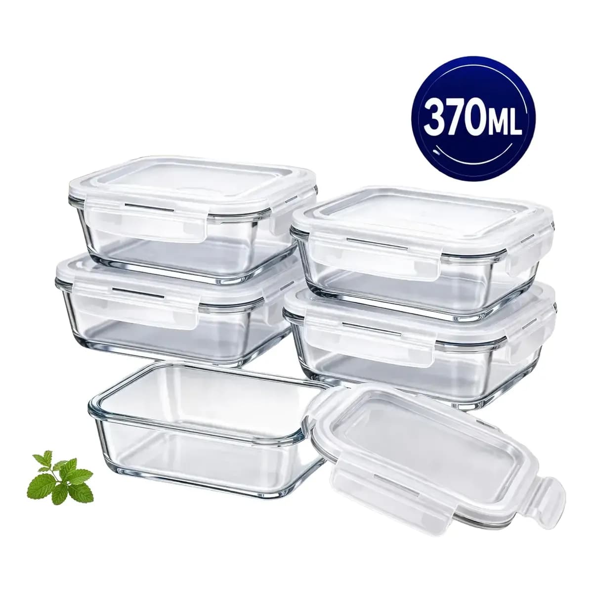 Kit 5 Potes Vidro Hermético 370ml Retangular  Marmita Transparente