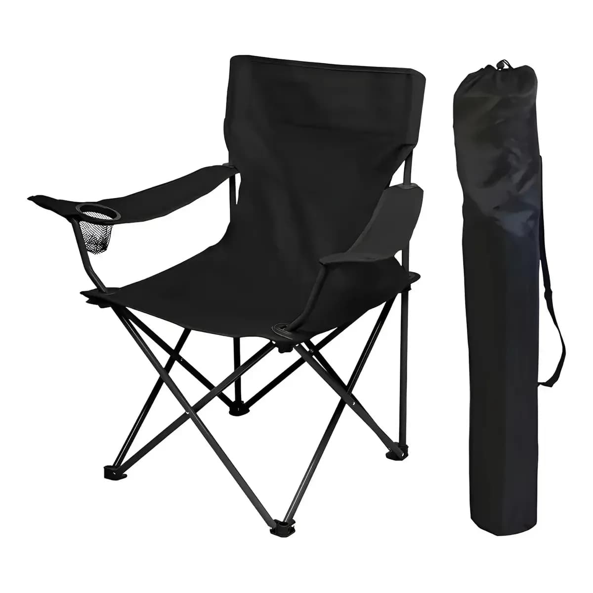Cadeira de praia dobrável portátil para acampamento ao ar livre com porta-copos, piscina de jardim, cadeira de pesca compacta para acampar com capa, cor preta