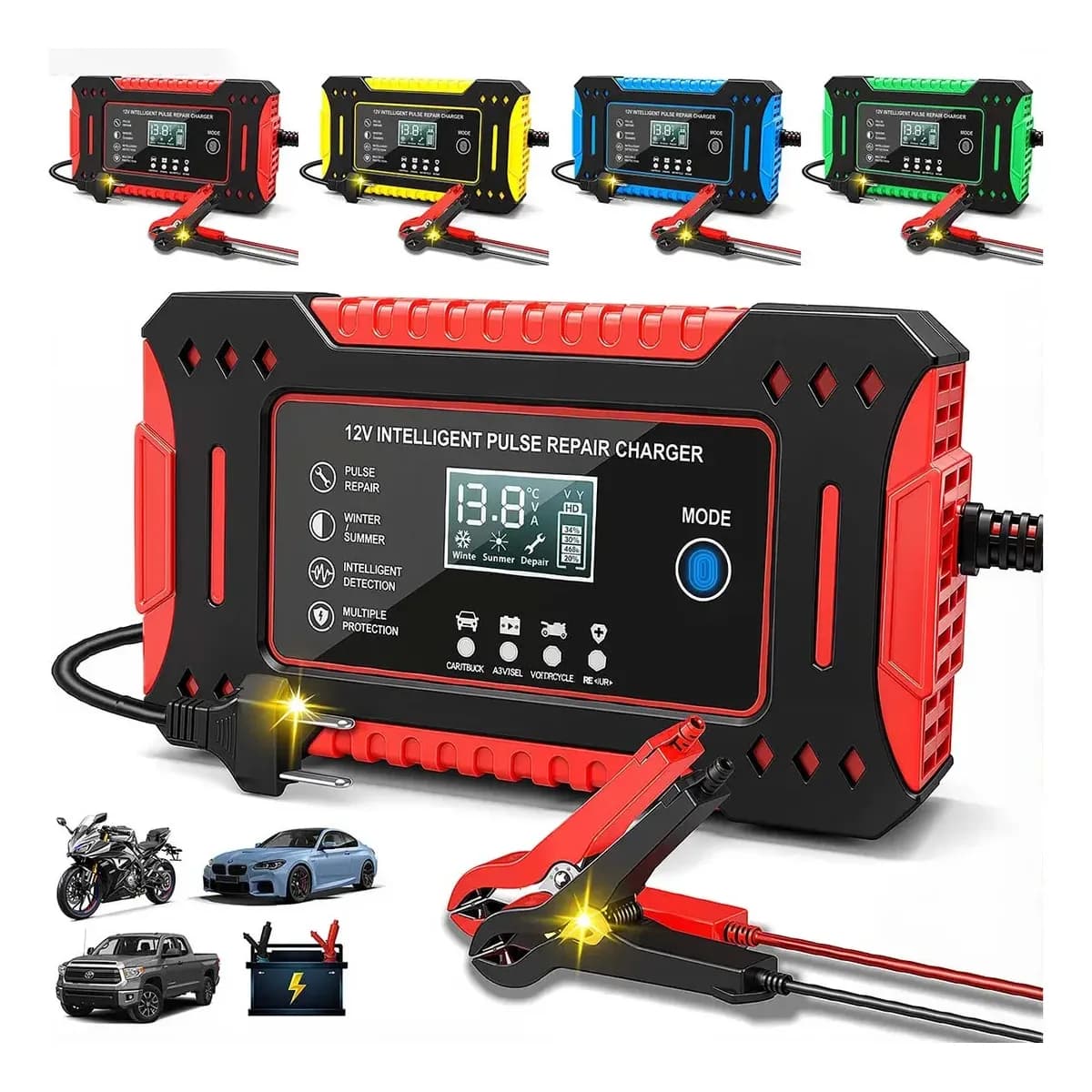 aweshine Carregador inteligente de bateria automotivo 12V portátil, para carro, moto, caminhão e bateria estacionária vermelho