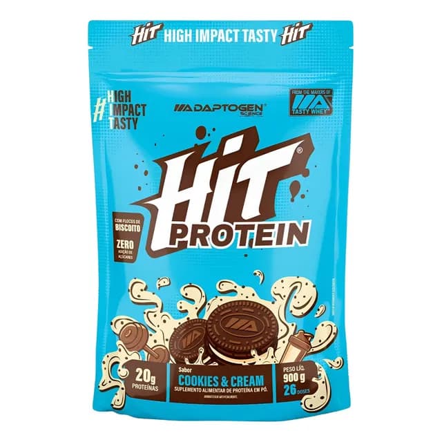 Suplemento Hit Protein Adaptogen Science sachê 900g Whey Protein Zero Gluten Zero açucar Sabor Cookies E Cream
