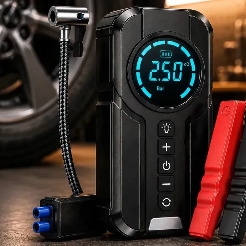 Auxiliar de Partida Bateria e Compressor de Ar Portátil 6 em 1 Inteligente para Carro, Moto e Bicicleta com Lanterna e Power Bank