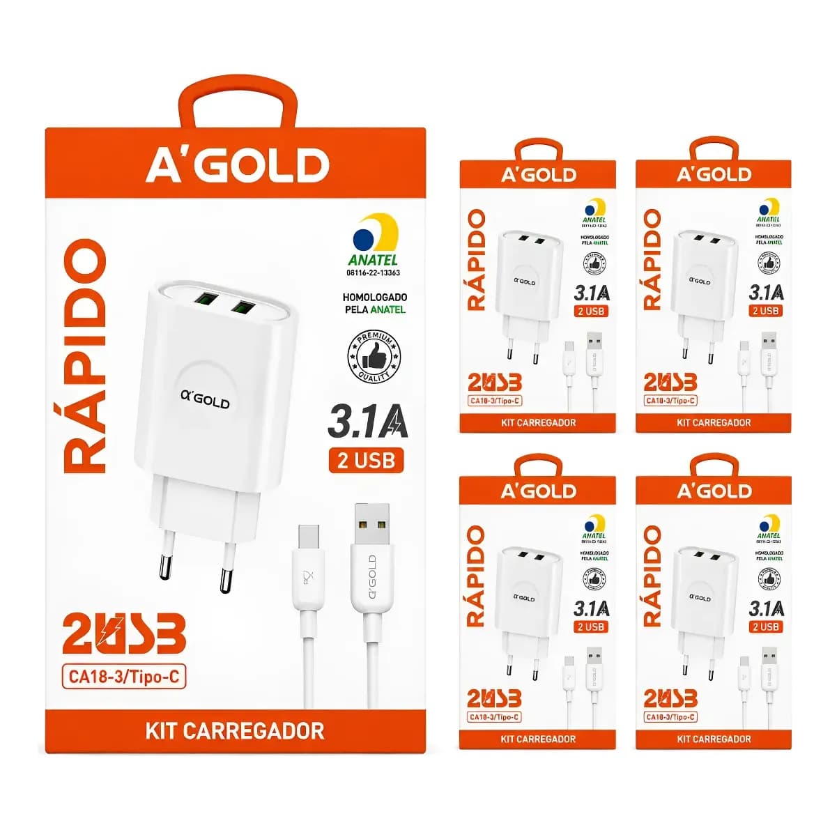 Kit 5 Carregador + Cabo Tipo C 2 Usb Rápido Atacado Revenda Branco