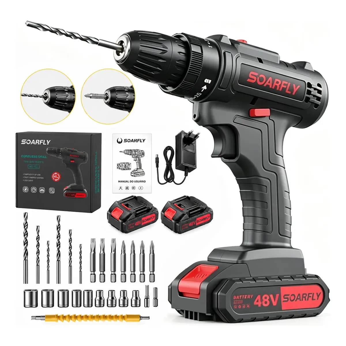 Parafusadeira 48v Furadeira Profissional 2 Baterias + Acessórios