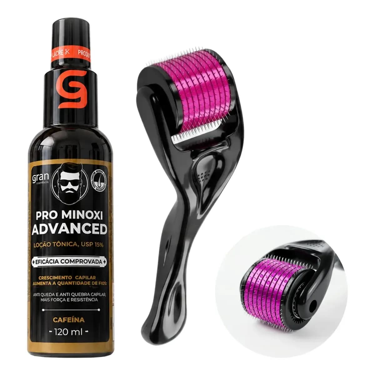Kit Pro Minoxi Advanced 120ml + Derma Roller Barba E Cabelo