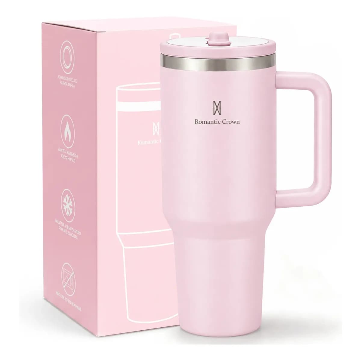 Copo Térmico 1.2l Inox Tampa Flip Canudo Alça Carro Academia Rosa-claro Cor Pura / Material Fosco