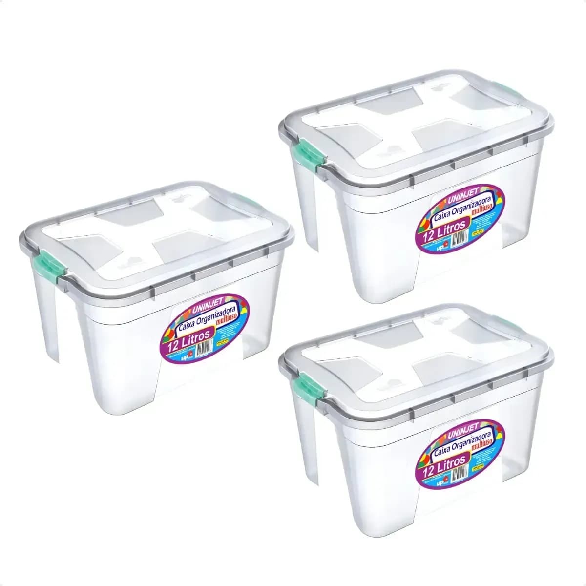publi | Caixa Organizadora Kit 3 Uni Transparente Tampa Trava 12lts Transparente Liso