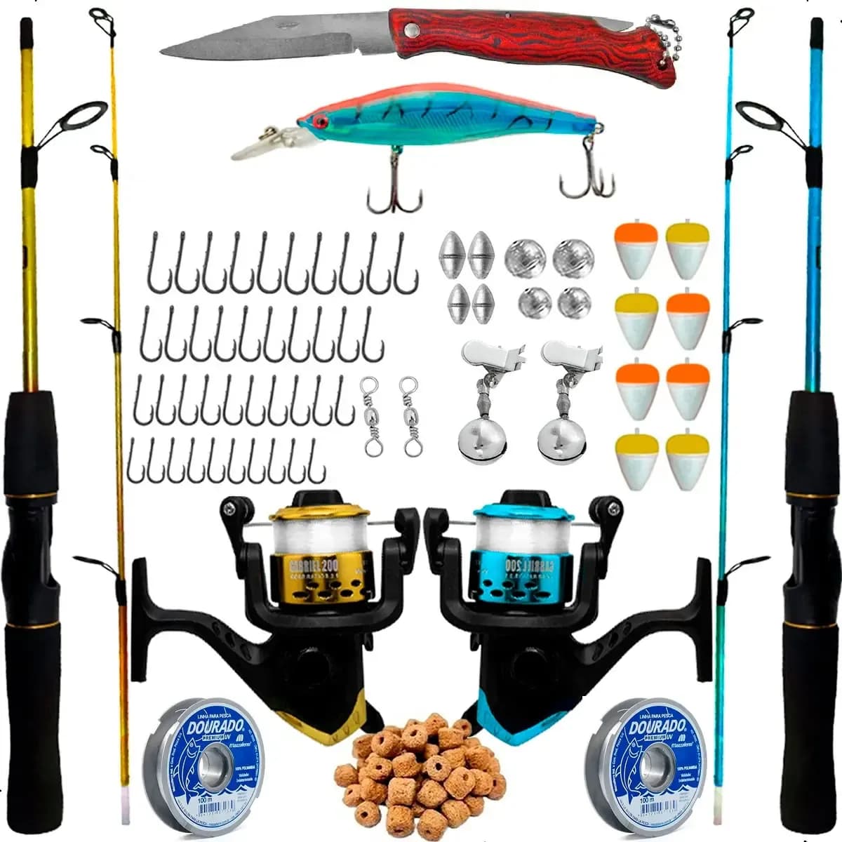 Kit Pesca Fishing Sports Conjunto Molinete Fibra de Vidro 2 Varas 1,80m Molinetes