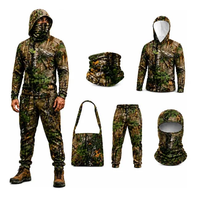 Kit 05 Peças Roupa Camuflada Caça E Pesca Vegetação Real