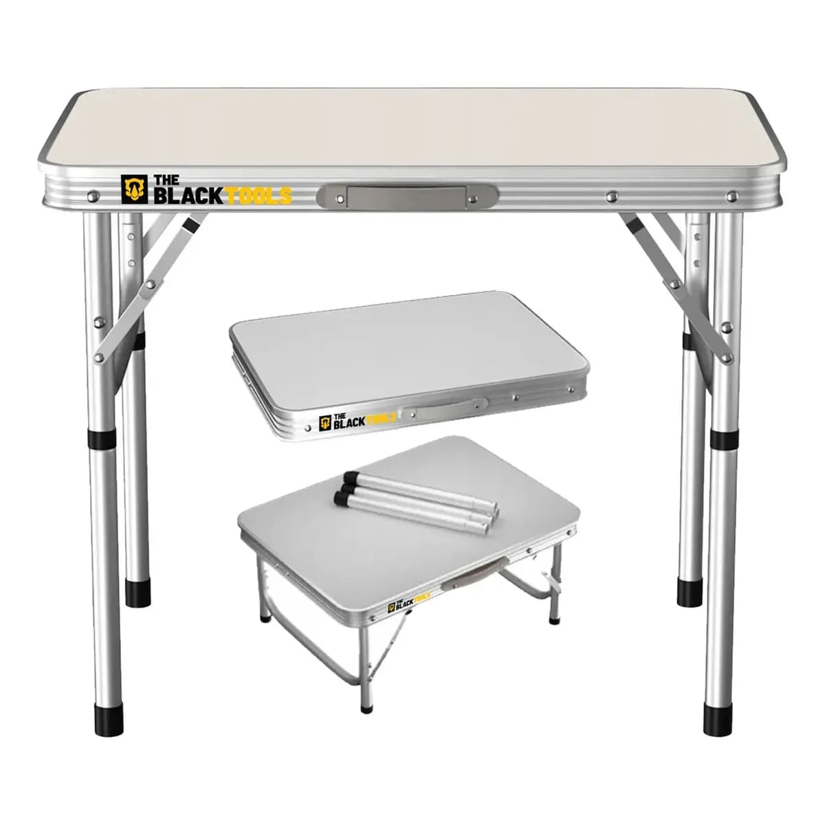 Mesa Dobrável Praia Camping Alumínio 60x45cm Vira Maleta Cor Branco e Prateado The Black Tools