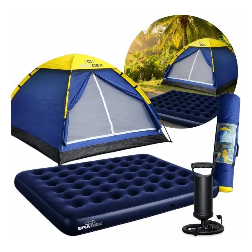 Barraca 4 Pessoas Camping Acampamento Colchão Casal + Bomba Azul