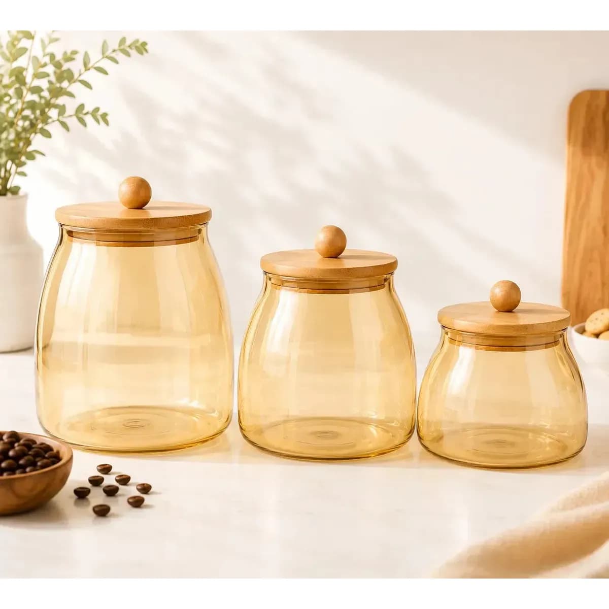 Kit Potes Herméticos de Vidro Âmbar com Tampa de Bambu para Mantimentos