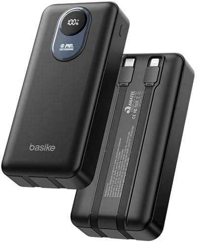 Basike Power Bank 20000mAh, Carregador Portátil, 2 Cabos Integrados (Preto