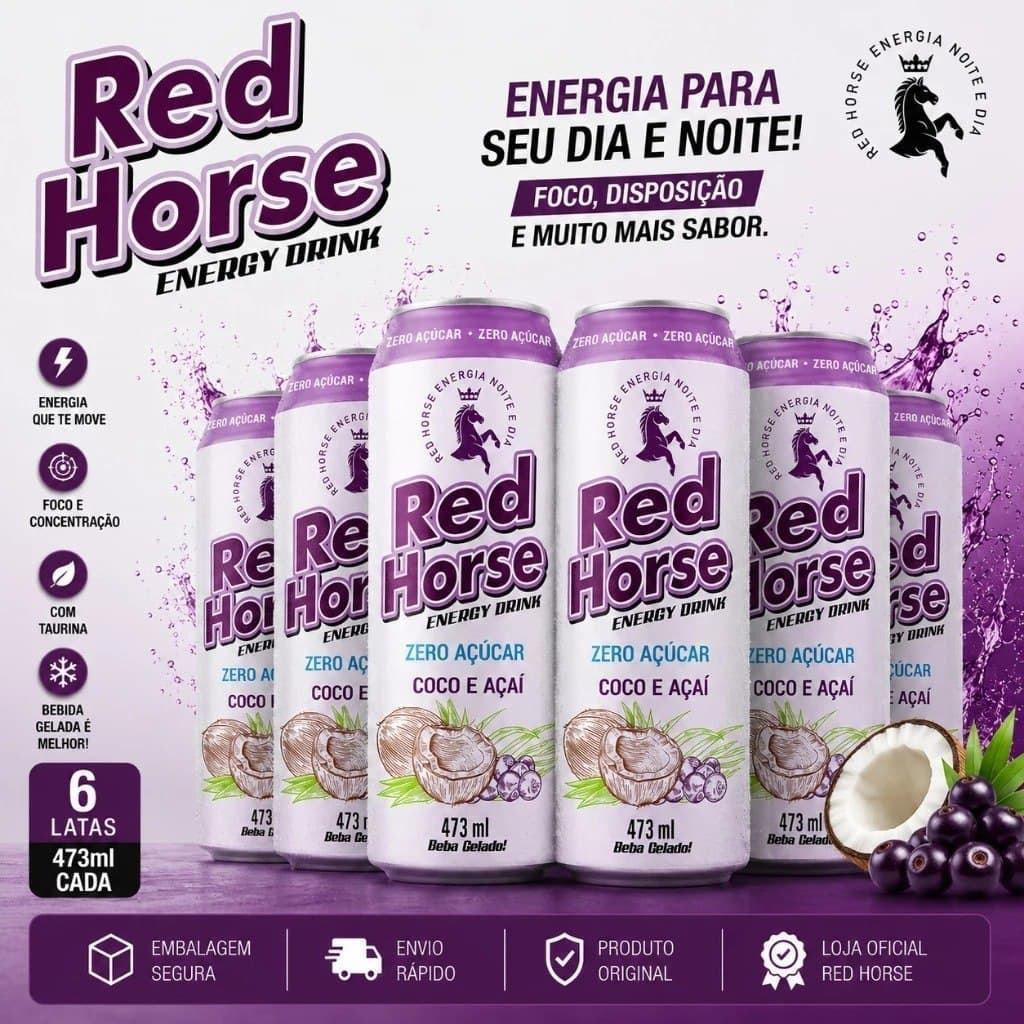 Red Horse Zero Açúcar Coco e Açaí 473ml Pack 6 12 24 Latas Energético