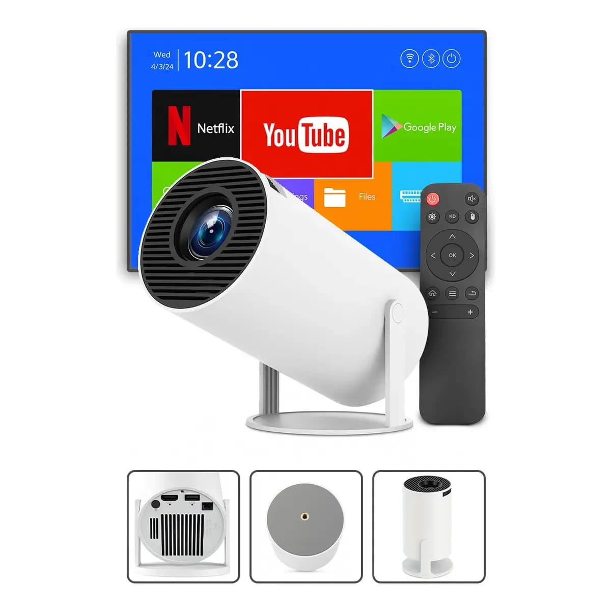 Mini Projetor Davely HY300 4K Android com Wi-Fi e Bluetooth Portátil Cinema Em Casa Imagem Nítida Controle Remoto Tela Grande Para Filmes Jogos Aulas Apresentações Alto Falante